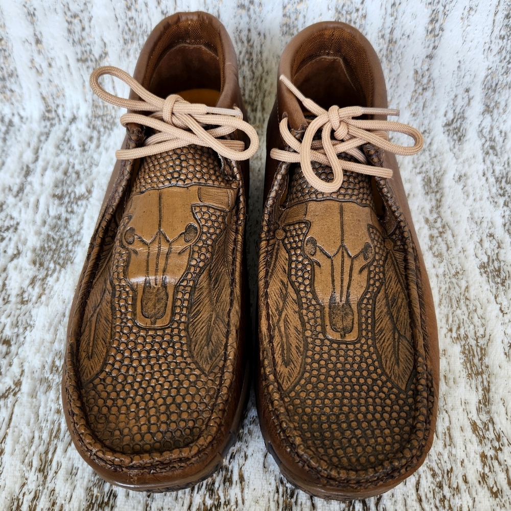 Reywelt Western Chukka Boot Loafer Brown Leather Steer Head | Men's Size 8 - Picture 3 of 14